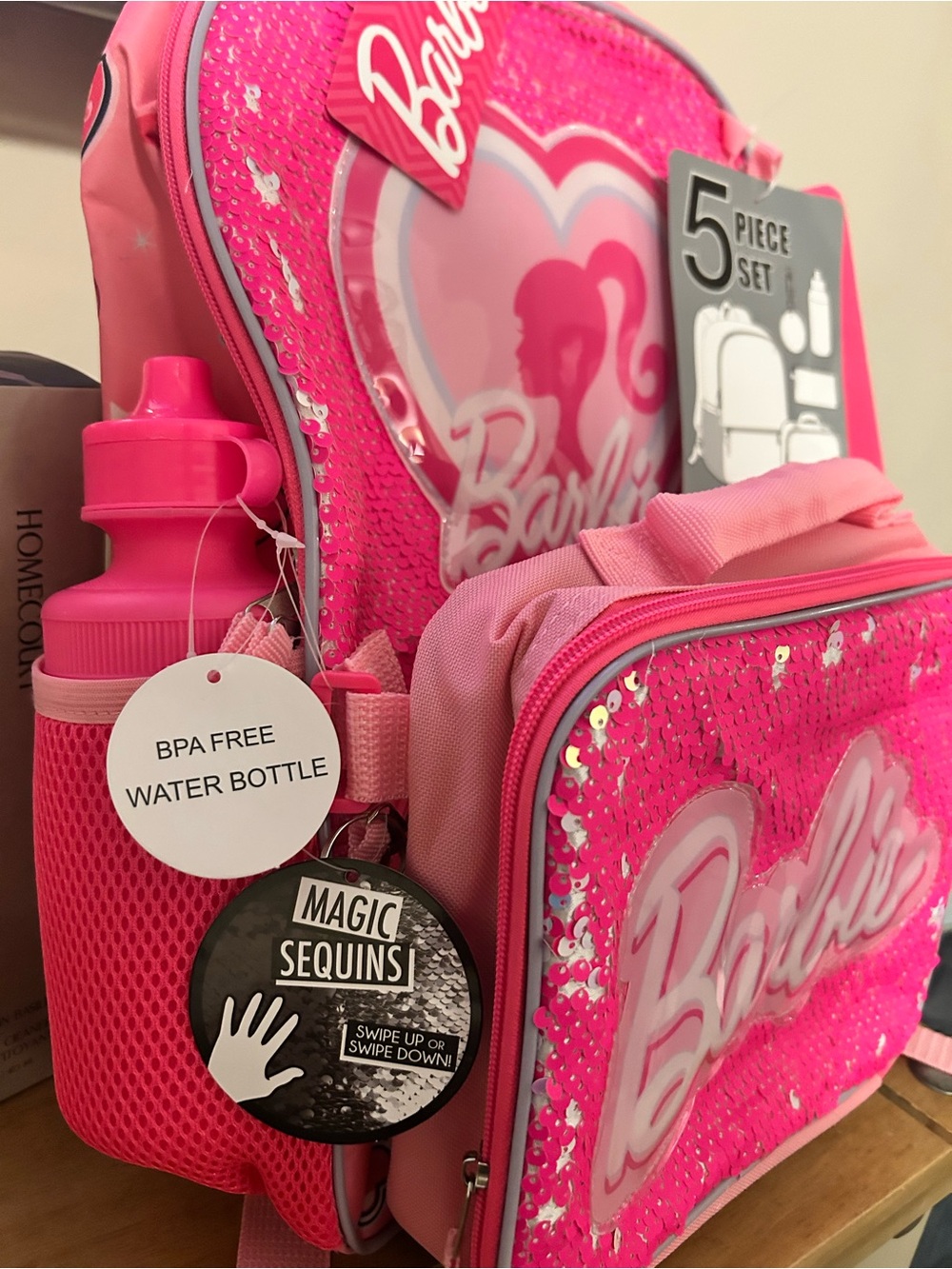 Barbie Pink Kids 5 piece Backpack with lunchbox, and water bottle NWT - Picture 7 of 12